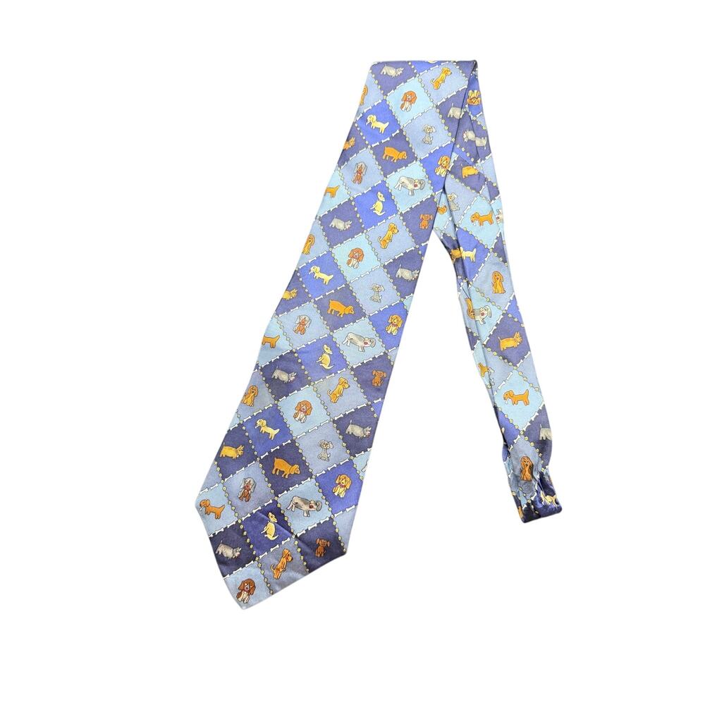 Vintage save the children blue diamond pattern dogs bones 100% silk neck tie USA
